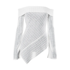 White Knitted Off-Shoulder Stripe Long Sleeves Top