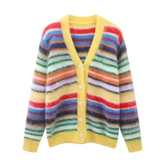 Multicolor Striped Long Sleeves V-Neck Cardigan Sweater