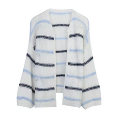 White Knitted Stripes V-Neck Long Sleeve Sweater