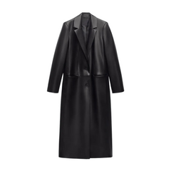 Pre Order: Black Faux Leather Single-Breasted Turn-Down-Collar Trench Coat