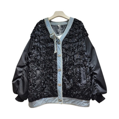 Pre Order: Black Pleated Sequined Denim Patchwork Heart Buckle Jacket