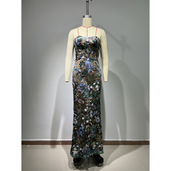 Sequined Blue Embroidered Floral Tube Backless Dress
