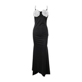 Pre Order: Black Faux Pearl Strap 3D Flower Mermaid Dress