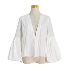 Vintage White V-Neck Puff Sleeve Single-Breasted Top