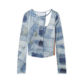 Denim Print Cut-Out Top