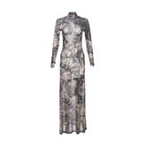 See-Through Printed Mesh Maxi Dress