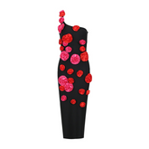 Pre Order: Black Flower Mid-Length Back-Slit Dress