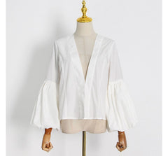 Vintage White V-Neck Puff Sleeve Single-Breasted Top