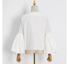 Vintage White V-Neck Puff Sleeve Single-Breasted Top