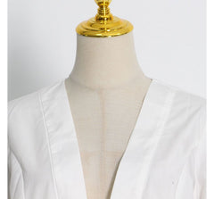 Vintage White V-Neck Puff Sleeve Single-Breasted Top