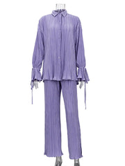 Solid Color Pleated Long Sleeved Cardigan Shirt + Pants Set