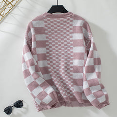 Loose V-Neck Plaid Knitted Cardigan