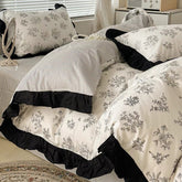 Cotton French retro bedding set four-piece set pure cotton Hepburn style bedding three-piece set black and white lace quilt cover