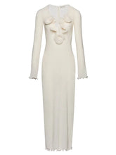 3D Flower Solid V-Neck Back Slit Maxi Dress