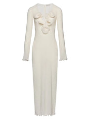 3D Flower Solid V-Neck Back Slit Maxi Dress