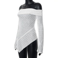 White Knitted Off-Shoulder Stripe Long Sleeves Top