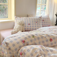 Kawaii Strawberry Bedding Set Kids Adults Duvet Cover and Flat Sheet Pillowcase Single Double Full Size Girls Bed Linen