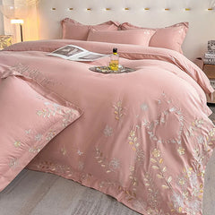 4pcs/set Light Luxury 120s Pure Cotton Floral Embroidered Quilt Cover Pillowcases Fitted Sheet Skin-friendly Naked Bedding Set
