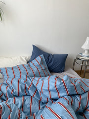 New 100% Cotton Blue Bedding Set Luxury Simple Striped Bed Sheet Quilt Cover Pillow Case Bed Hat Fashion Design 2.0m/1.2m Bed