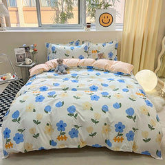 Floral Printed Duvet Cover Set with Sheet Pillowcases Warm Cute Cartoon Bed Linen Full Queen Size Home Gift Bedding Set