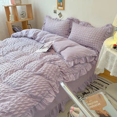 Euro Solid Color Ruffle Bedding Sets Girl Couple Fluffy Queen Duvet Cover With Bed Skirt Pillowcase Bedroom Comfort 4 Pieces Set