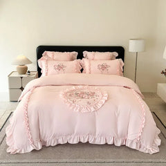 4Pcs Rose Flowers Embroidery Bedding Set Double King Queen Size Pink Girls Bedroom Duvet Cover Flat/Fitted Bed Sheet