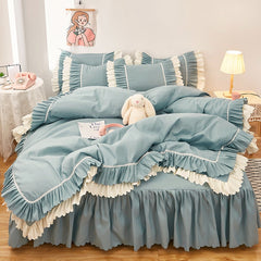 4pcs Couple Bed Quilt Set Sheet Bedsheet Bedspread Queen Size Duvets Cover Linens Comforter Bedding with Pillowcases Luxury Pink