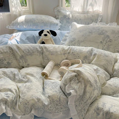 Blue Floral Ruffle Duvet Cover Set Queen Flower Leaf Comforter Covers 4Pcs Soft Luxury Pastoral Garden Washed Cotton Bedding Set