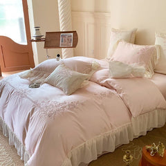 4Pcs Queen Size Flowers Embroidery Bedding Set Duvet Cover Bed Sheet Pillowcases