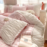 Korean Style Princess Bedding Set Luxury Pink Lattice Duvet Cover Ruffles Lace Bedspread Bed Sheet Pillowcases