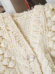 White Knitted Hollow-Out V-Neck Cardigan Sweater
