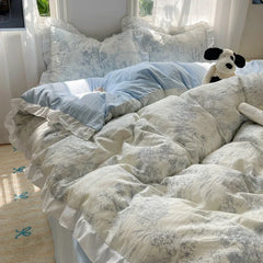 Blue Floral Ruffle Duvet Cover Set Queen Flower Leaf Comforter Covers 4Pcs Soft Luxury Pastoral Garden Washed Cotton Bedding Set