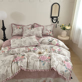 Korean Princess Style Ruffles Bedding Set Duvet Cover Set Flower Printing Quilt Cover Bed Sheet Or Fitted Sheet With Pillowcases