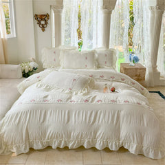 Korean Style Bed Set Seersucker Flower Embroidery Four Piece Set With Lace Bed Flat Sheet Pillowcase Duvet Cover Set Textiles