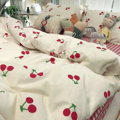 Romantic Cherry Heart Duvet Cover Set Flat Sheet Pillowcases Fashion New Twin Full Floral Summer Spring Bedding Set