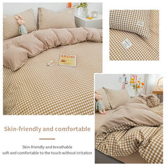 100% Cotton Japanese Simple Style Duvet Cover,Bedding Set With Plaid Stripe,Skin Friendly Breathable,1 Duvet Cover,2 Pillowcase