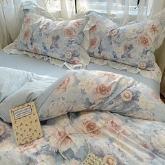 French Romantic Style Bedding Set Princess Skin Friendly And Comfortable Quilt Cover Lace Washed Cotton Printed Duvet Cover Set