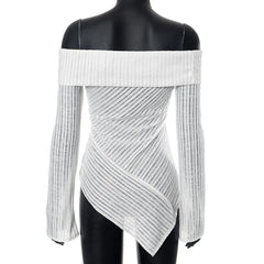 White Knitted Off-Shoulder Stripe Long Sleeves Top