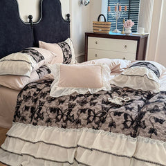 2025 Cotton Princess Bedding Sets Queen Butterflies Embroidered Chiffon Lace Elegant Soft Flat Sheet With Pillowcases 4PCS