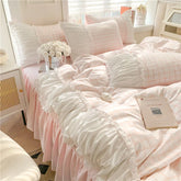 Korean Style Princess Bedding Set Luxury Pink Lattice Duvet Cover Ruffles Lace Bedspread Bed Sheet Pillowcases