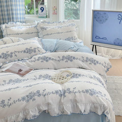4pcs Korean lace Duvet Cover Set (1*Duvet Cover +1 flat sheet + 2*Pillowcase, Without Core), Fresh Flower Print Bedding Set