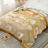 Textile City Patterned Leaves Yellow Cotton Gauze Throw Blanket 5-layer Gauze Towel Quilt Soft Comfy Home Blanket 200x230cm