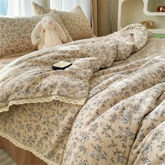 INS Girls Cherry Soft Bedding Set Washed Cotton Bed Sheet Queen King Size Duvet Set Flower Comforter Set Pillowcase Bed Linens