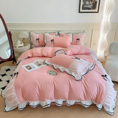 Korean Princess White Bedding Set For Women Double Ruffle Lace Duvet Cover Full Queen Solid Color Comfortable Falt Bed Sheet Set