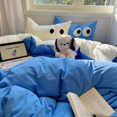 Ins Black Big Eye Solid Color Bedding Set Girls Boys Flat Sheet Blue Duvet Cover Pillowcase Washed Cotton Bed Linen Home Textile
