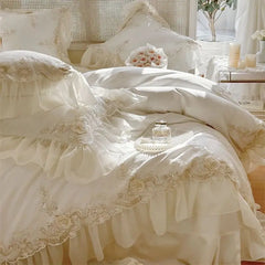 Egyptian Cotton Wedding Bedding Set, Romantic French Lace Ruffles, Flowers Embroidery, Duvet Cover, Bed Sheet, Pillowcases
