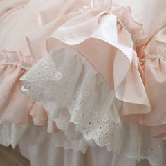 Super Sweet Solid Color Bedding Sets Luxury Princess Wedding Pink Lace Ruffle Cotton Duvet Cover Bedspread Bed Skirt Pillowcases