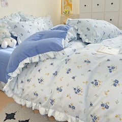 Ins Style Floral Duvet Cover Set Flat Sheet Pillowcases No Filling Queen 200x230cm Romantic Girls Blue Bedding Flower Bed Linens