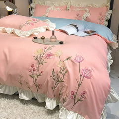 Washed Cotton Embroidery Bedroom Four-piece Set Full Quilt Cover Princess Style Queen Bed Sheet King Bedding Three-piece Bedding