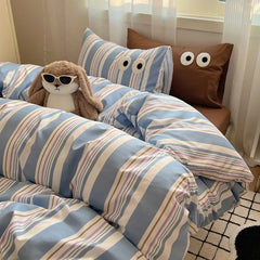 Korean Bed Linen Bedding Sets Stripes Duvet Cover Set Quilt Cover Bed Sheet Quilt Sets Queen Size INS Blogger Comforter Sets